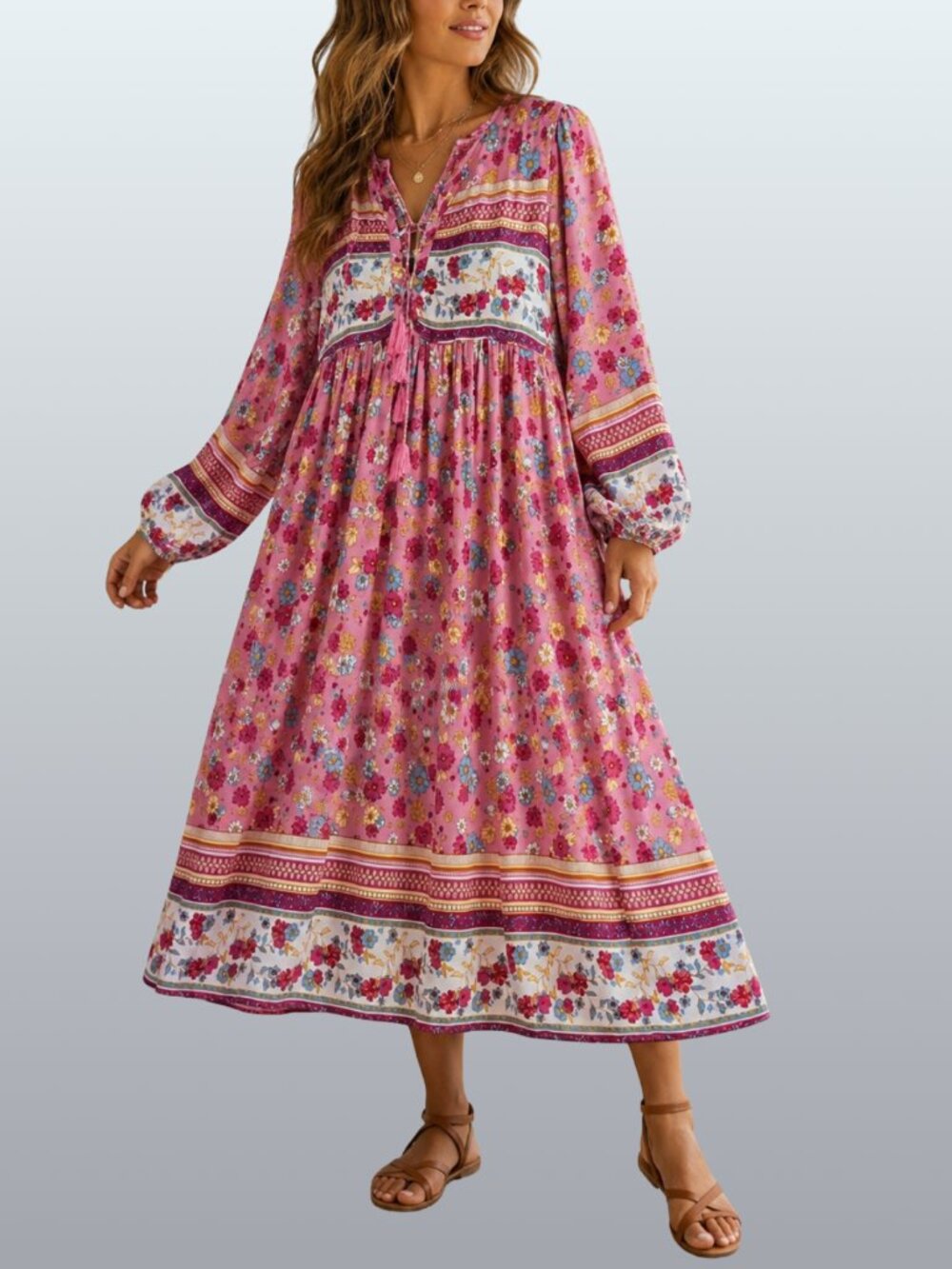 Boho Floral Tassel Tie Peasant Maxi Dress Pink XL Long Sleeve Cottagecore EUC